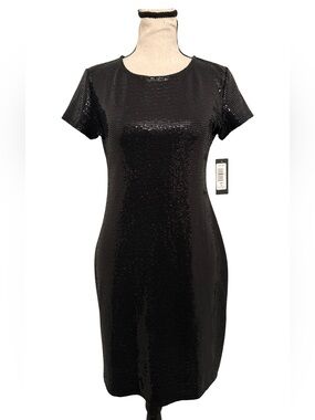 Tiana B NWT Black Sequin Short Sleeve Sheath Cocktail Dress Size Small